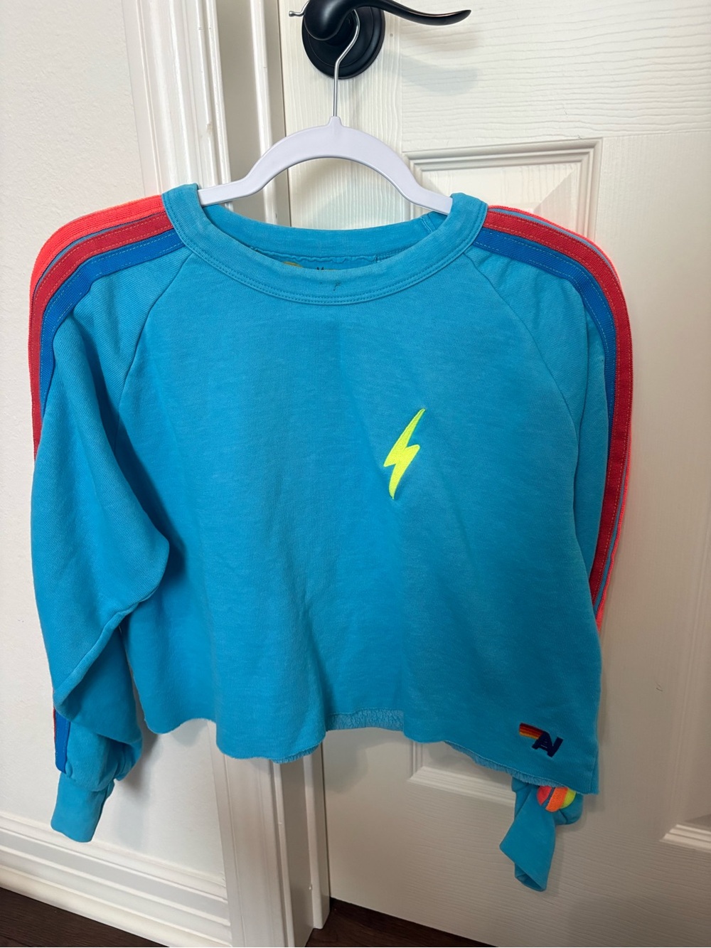 Aviator Nation Turquoise Lightning Sweatshirt with Rainbow Shoulder Stripes